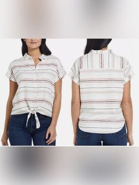 Weatherproof Vintage Linen Blend Tie Front Top Shirt Women’s XL Striped